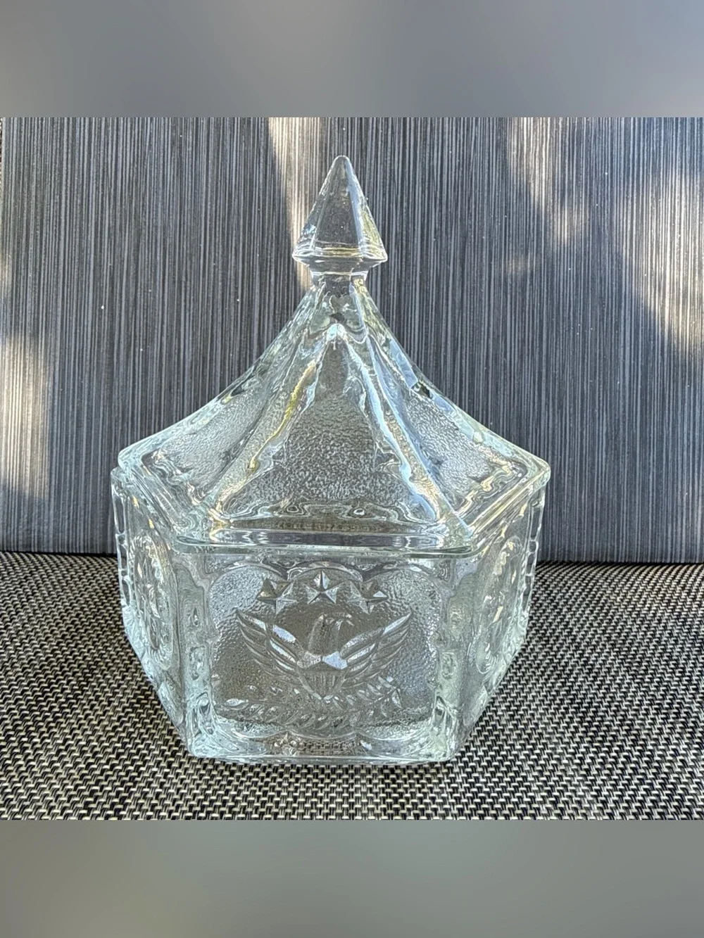 Vntg Glass Candy Dish w/ Lid American Eagle Star Hexagon 6